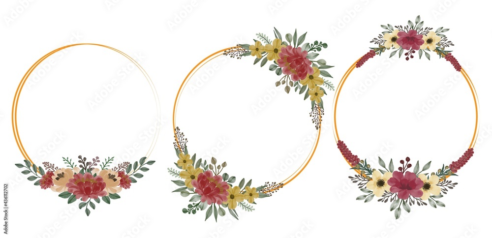 Obraz premium set watercolor floral of red and yellow in circle gold frame. watercolor frame for greeting and wedding invitation card.