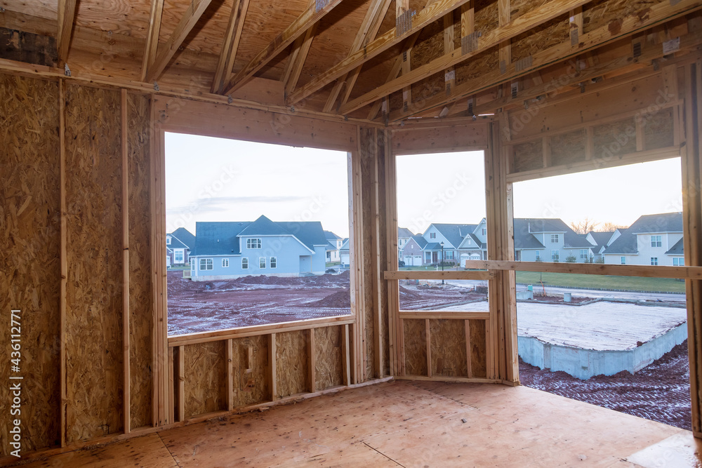 Interior wood framework of new residential home under construction