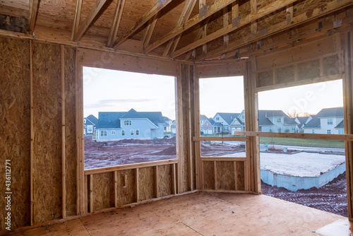 Interior wood framework of new residential home under construction