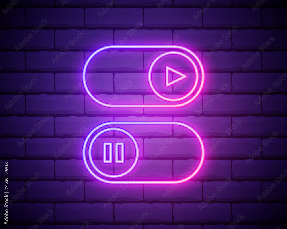 On and Off lamp Neon light Toggle switch button.Play and pause multimedia symbols.Switch buttons