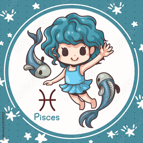 Cartoon character illustration, Cute cartoon pisces, About the zodiac horoscopes, Kawaii design style, They are great for decoration or as part of a design.