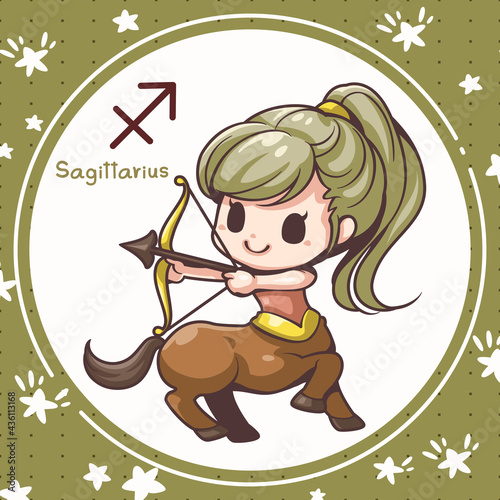 Cartoon character illustration, Cute cartoon sagittarius, About the zodiac horoscopes, Kawaii design style, They are great for decoration or as part of a design.
