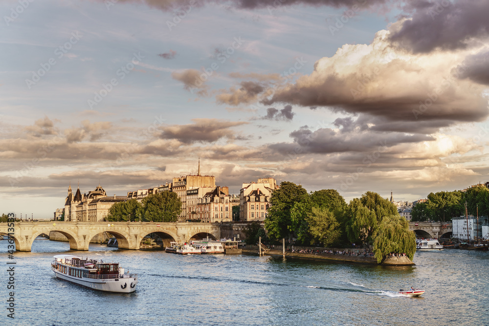 Paris sunset river bridge architecture 