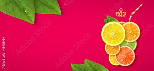 Glass of fresh fruit juice. Lemon, orange, lime and grapefruit. Vector realistic illustration.