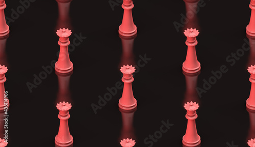 Queen chess pieces on black background, seamless pattern. Concept of strategy and queen, 3D illustration