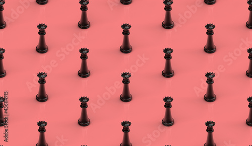 Queen chess pieces on pink background, seamless pattern. Concept of strategy and queen, 3D illustration