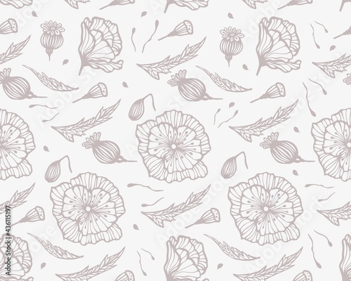 seamless pattern with poppy flowers, buds, leaves, dried flowers, background with decorative plants, botanical elements, for the design of cards, wallpapers, fabric, paper, stylized vector graphics