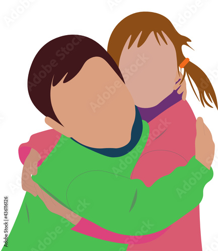 Abrazo de una nena con un nene. Fondo transparente