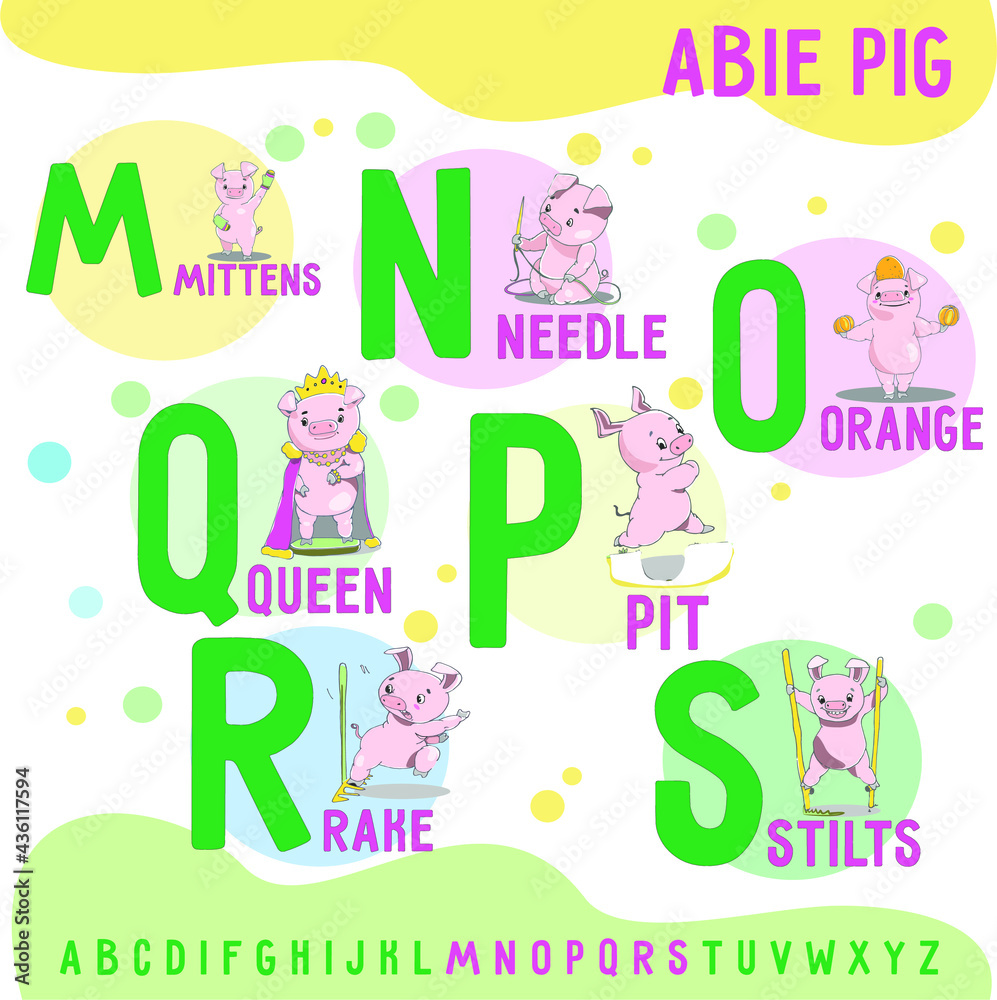 Fototapeta ABee Pig english alphabet, letters m-s . Funny alphabet with cartoon pig for baby, for for education, for card, baby clothes. Vector illustration for kids learning English vocabulary.