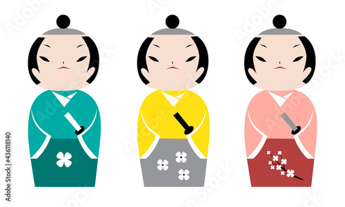 Samurai kokeshi dolls in colored national costumes