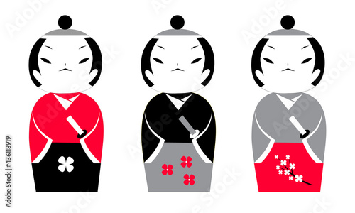 Samurai kokeshi dolls in black and red colors