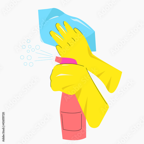 Hands with yellow gloves and a spray bottle.