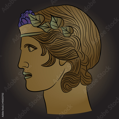Head of ancient Greek god of wine Dionysus or Bacchus. Portrait of a young handsome man in profile wearing grape and ivy wreath. On dark background.