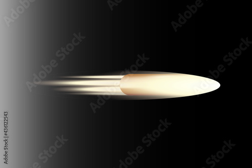Flying bullet black background in realistic style. 3d shot on dust black background. Vector illustration. Stock image. 