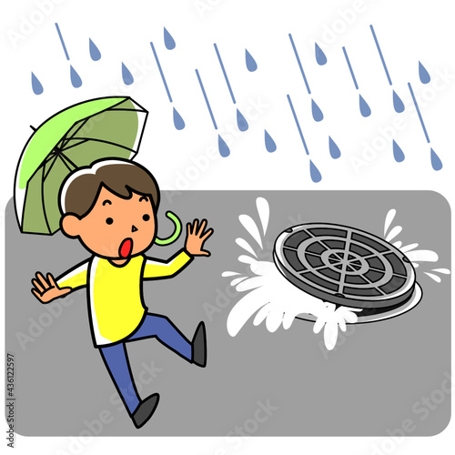 豪雨で雨水が噴き出すマンホールに驚く男性