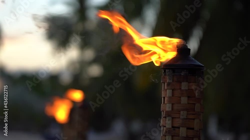 Flame form tiki torch at sunset with silhouette of palm tree in slow motion. Vacation and resort concept. photo