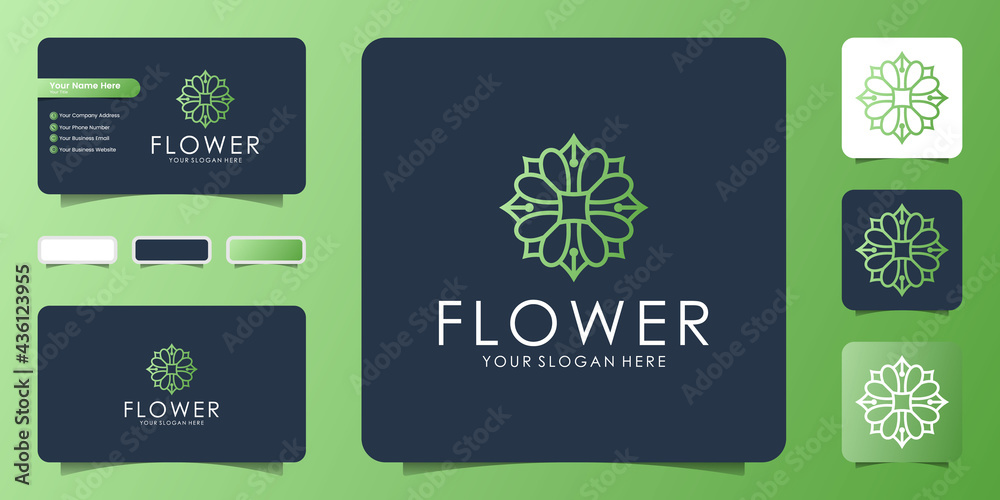 luxury and elegant autumn floral mandala logo design with line art style and business card inspiration