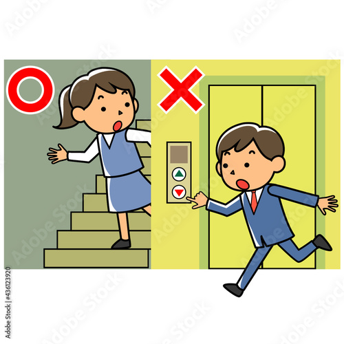 地震の時に階段で避難する人とエレベーターに乗ろうとする人