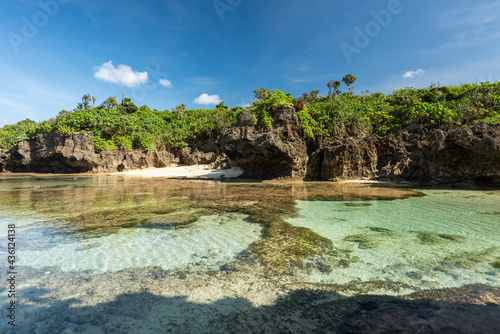 Coral platform in low tide forming sea pools, hidden cliffside beach, vegetations on cliff. Iriomote Island
