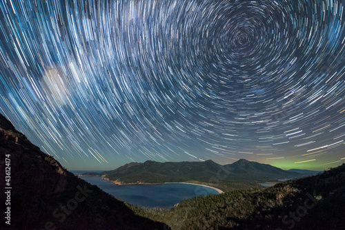 Star Trails and aurora over Wineglass Bay, Tasmania