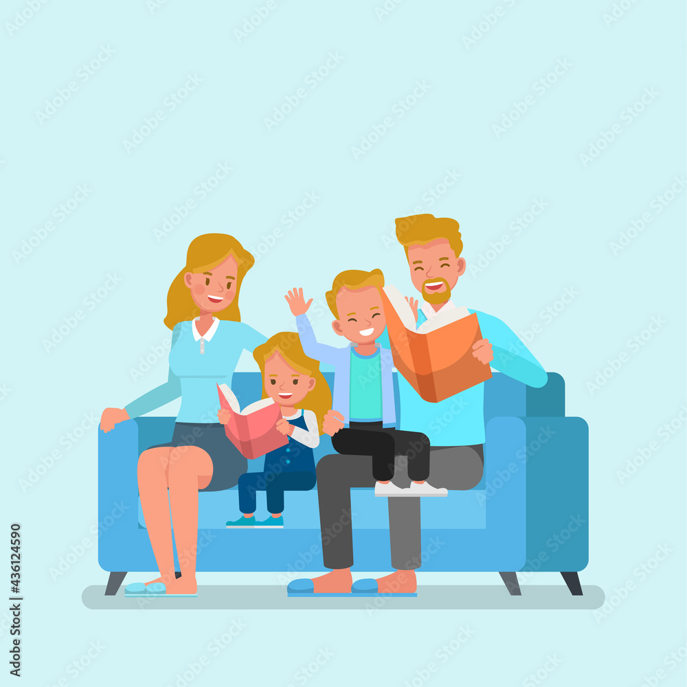 Happy family character vector design. Father, mother, son and daughter reading a book together. Happy family character vector design. Father, mother, son and daughter reading a book together.