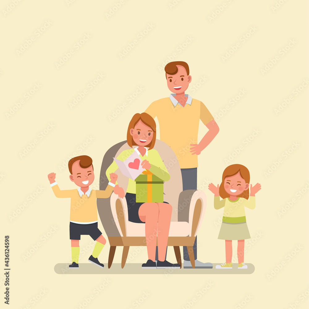 Happy family character vector design. Son and daughter giving a gifts box to mom. Happy family character vector design. Son and daughter giving a gifts box to mom.