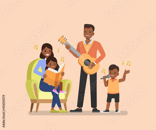 Happy family character vector design. Father and son playing guitar. Mother and daughter sing the song together.