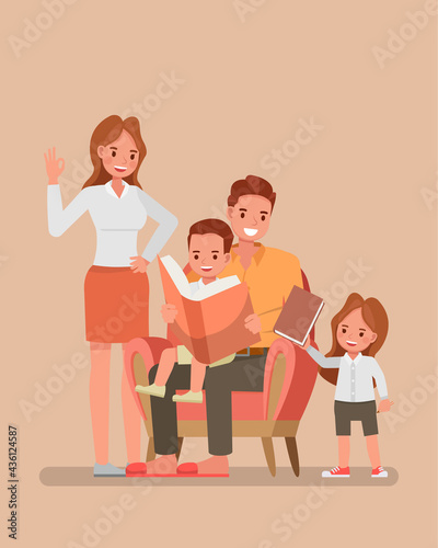 Happy family character vector design. Father, mother, son and daughter reading a book together.