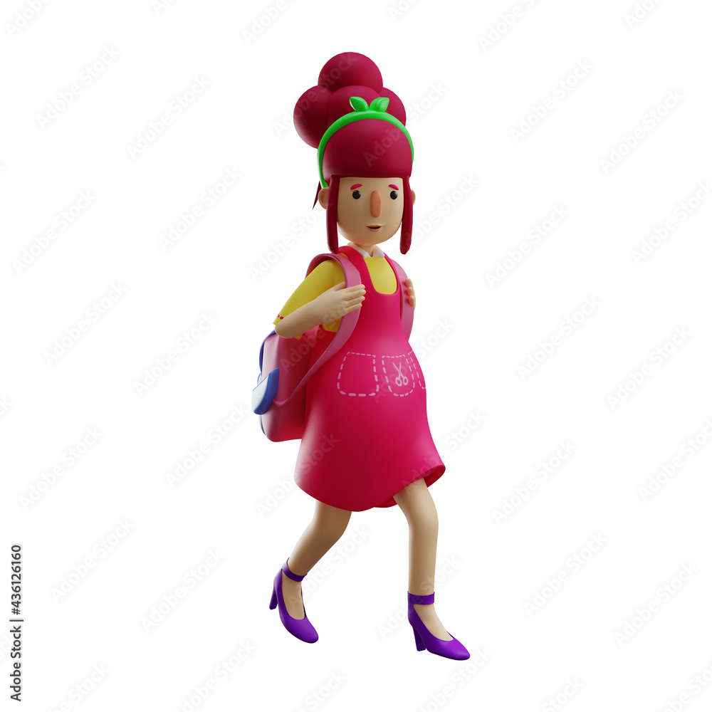  Mother 3D Cartoon Illustration carrying pink bag packs