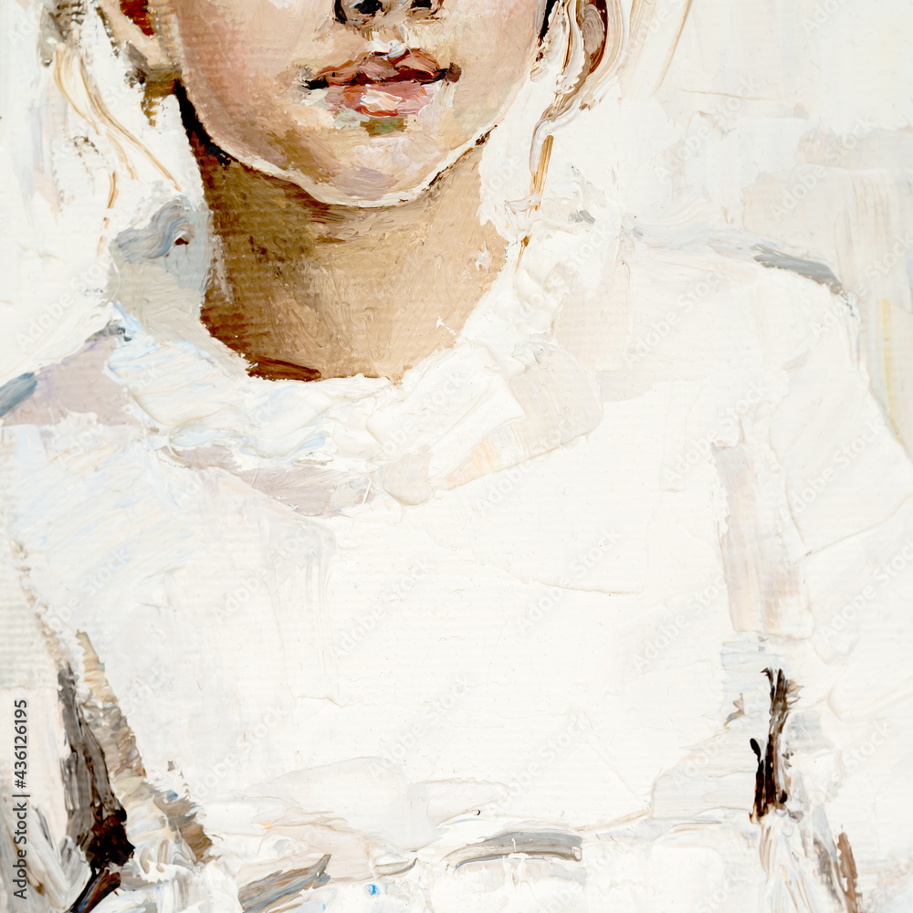 Little pretty girl in the white dress on the abstract background.