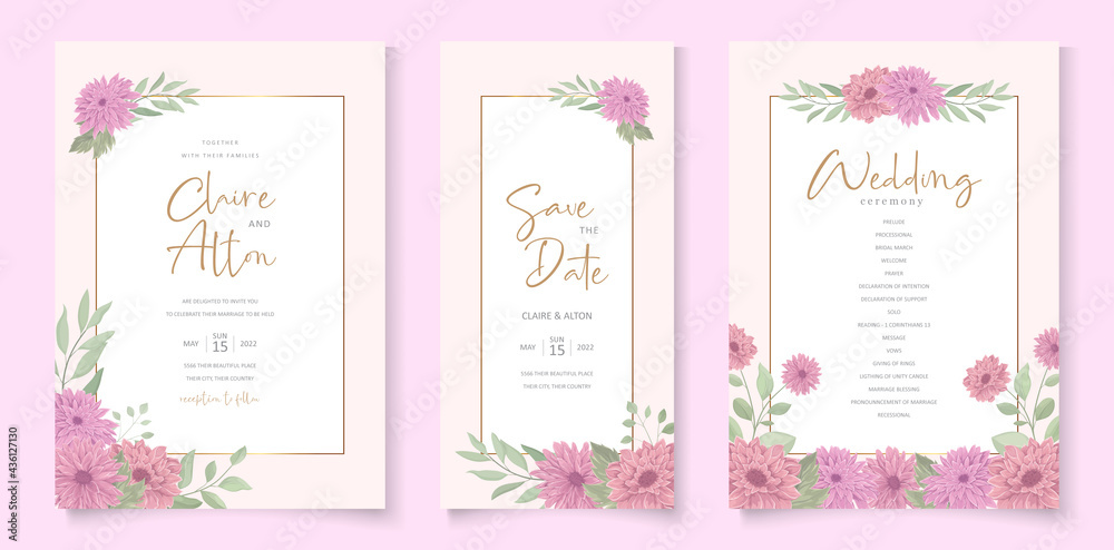Elegant wedding invitation design with beautiful chrysanthemum flower