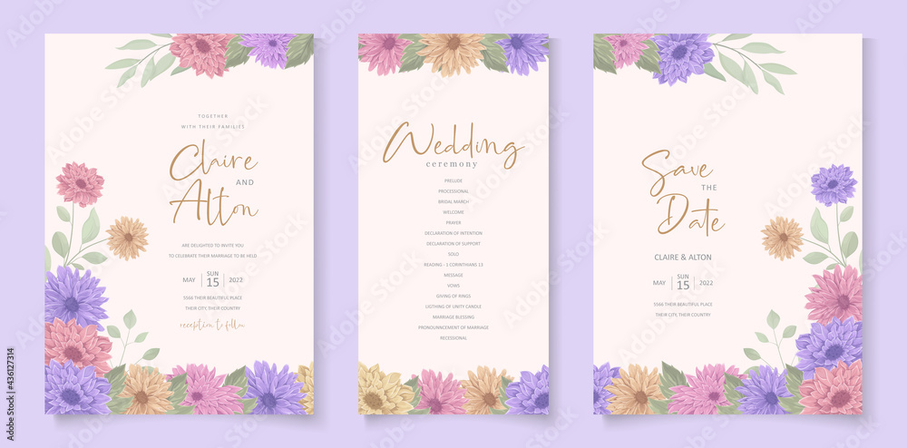 Elegant wedding invitation design with beautiful chrysanthemum flower
