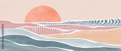 set of creative minimalist modern line art print. Abstract ocean wave contemporary aesthetic backgrounds landscapes. with sea, skyline, wave. vector illustrations