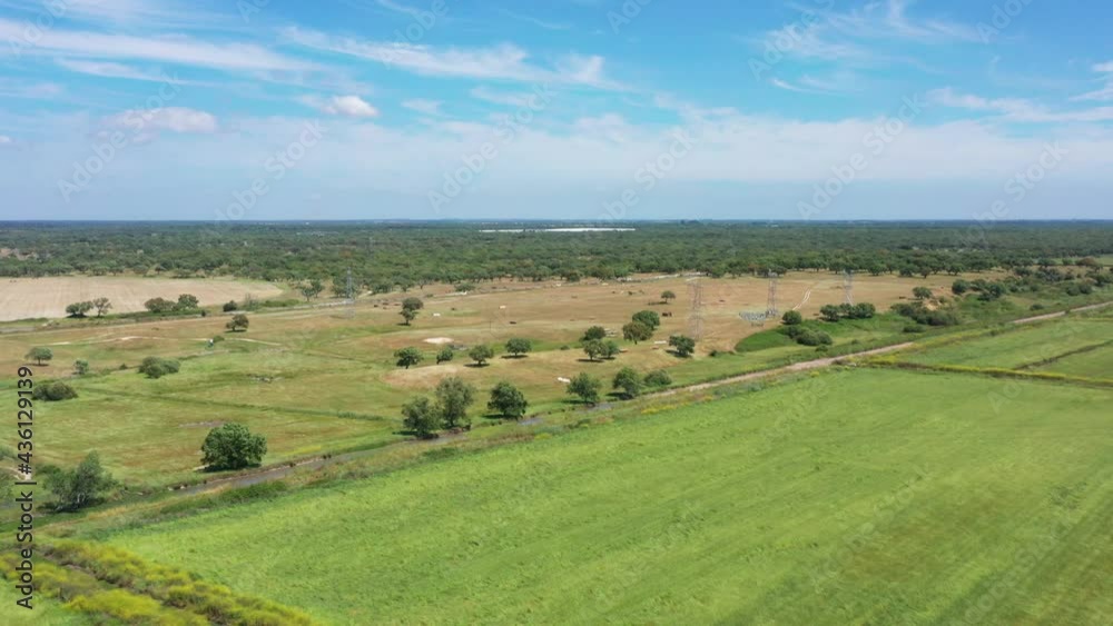 Scenic View Of Farmland With Vegetation At Background Against Blue Sky In Alcochete, Portugal. - Aerial Drone Shot Scenic View Of Farmland With Vegetation At Background Against Blue Sky In Alcochete, Portugal. - Aerial Drone Shot