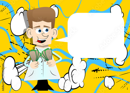 Funny cartoon doctor holding or showing money bills. Vector illustration. Rich health care worker.