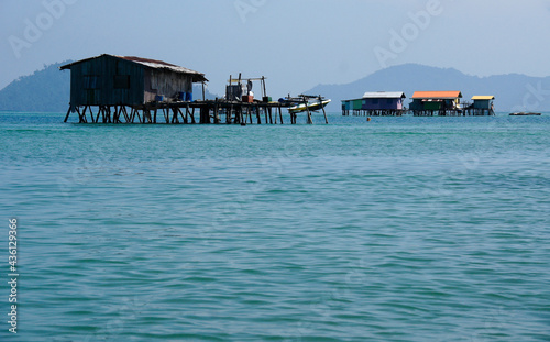 Dwellings built on stilts in South China Sea near Kota Kinabalu  Sabah  Borneo   Malaysia