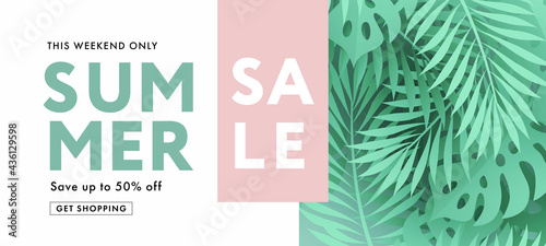 Summer sale banner with tropical leaves and plants in light mint green and soft pink colors with modern typography. Modern design template for sale, horizontal poster, cover, social media, fashion ads