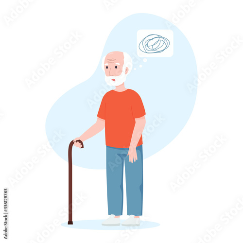 Elderly man with question marks. Senile dementia concept.