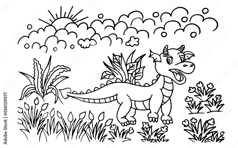Fototapeta premium dragon with flower coloring page,flower coloring page,natural picture coloring page,home decor coloring page,