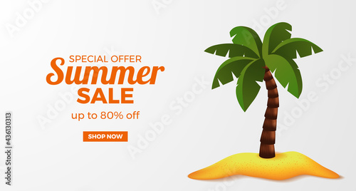 summer sale offer banner promotion with 3d palm coconut tree on the sand beach island
