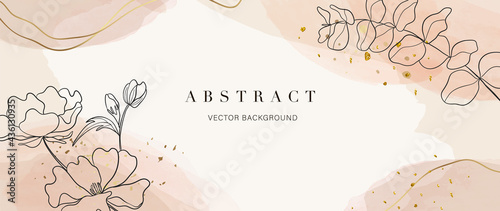 Abstract art background vector. Luxury minimal style wallpaper with golden line art flower and botanical leaves, Organic shapes, Watercolor. Vector background for banner, poster, Web and packaging.