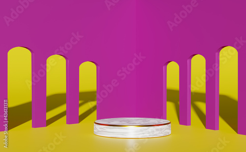 marble podium empty with pink wall in yellow composition for modern stage display and minimalist mockup  pedestal showcase background  Concept 3d illustration or 3d render