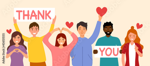 People show thank you and love message via hand gesturing and text sign in flat design.  photo