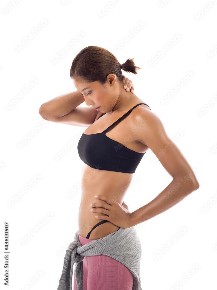Tired woman feeling neck pain, massaging tense muscles, suffering from chronic shoulder back ache afterexercise on white background, incorrect posture problems, studio shoot Tired woman feeling neck pain, massaging tense muscles, suffering from chronic shoulder back ache afterexercise on white background, incorrect posture problems, studio shoot