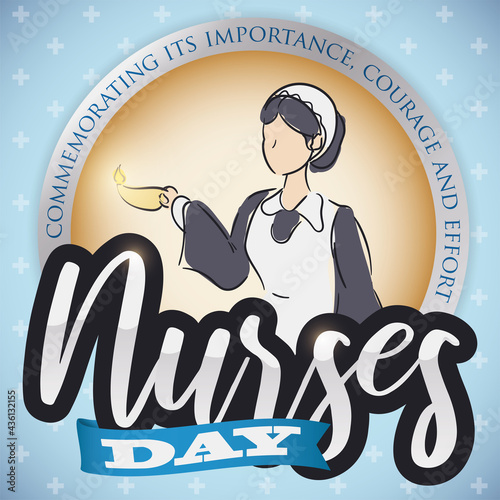 Nurse Drawing inside Button, Sign and Ribbon Commemorating Nurses Day, Vector Illustration