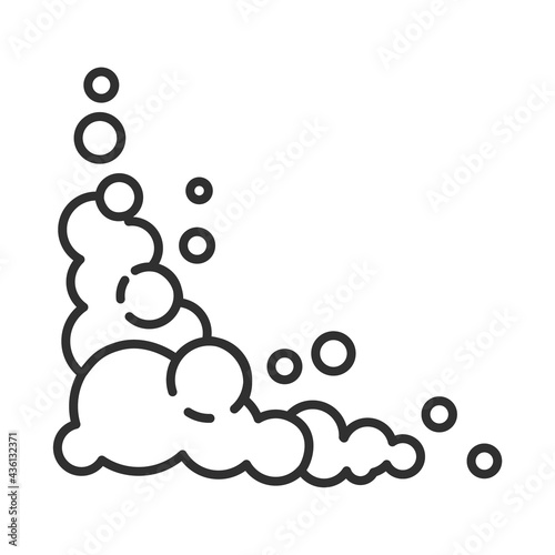 Soap foam cloud with bubbles. Flat vector line icon. Illustration of suds, foam in corner, shampoo, gel and cleanser.