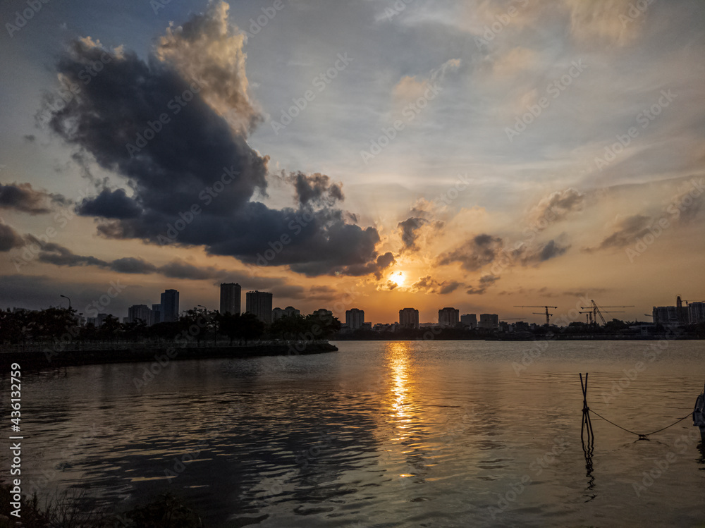 Romantic sunset on West Lake in Hanoi, Vietnam