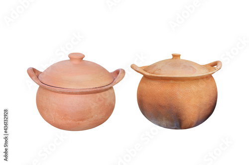 Clay pot with cover on white background