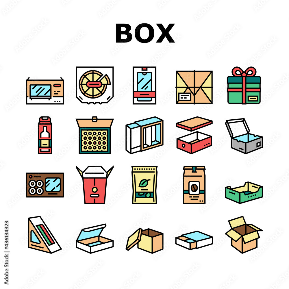Box Carton Container Collection Icons Set Vector. Sushi Delivering And Pizza, Box For Tea And Coffee, Mobile Phone And Tv Plazma Concept Linear Pictograms. Contour Color Illustrations - obrazy, fototapety, plakaty 