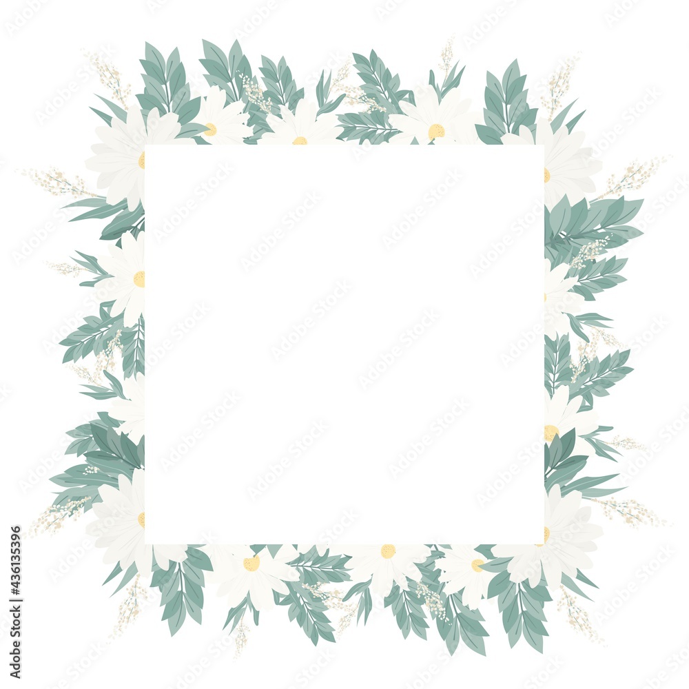 Postcard with flowers and leaves. Design concept for cards, labels and wedding invitations. Bouquets of flowers and golden round frame. Vector decorative isolated postcard.